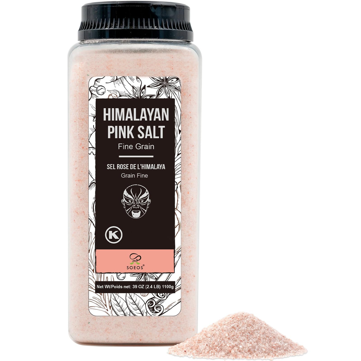 Soeos Himalayan Pink Salt jar front shows premium, additive-free seasoning.