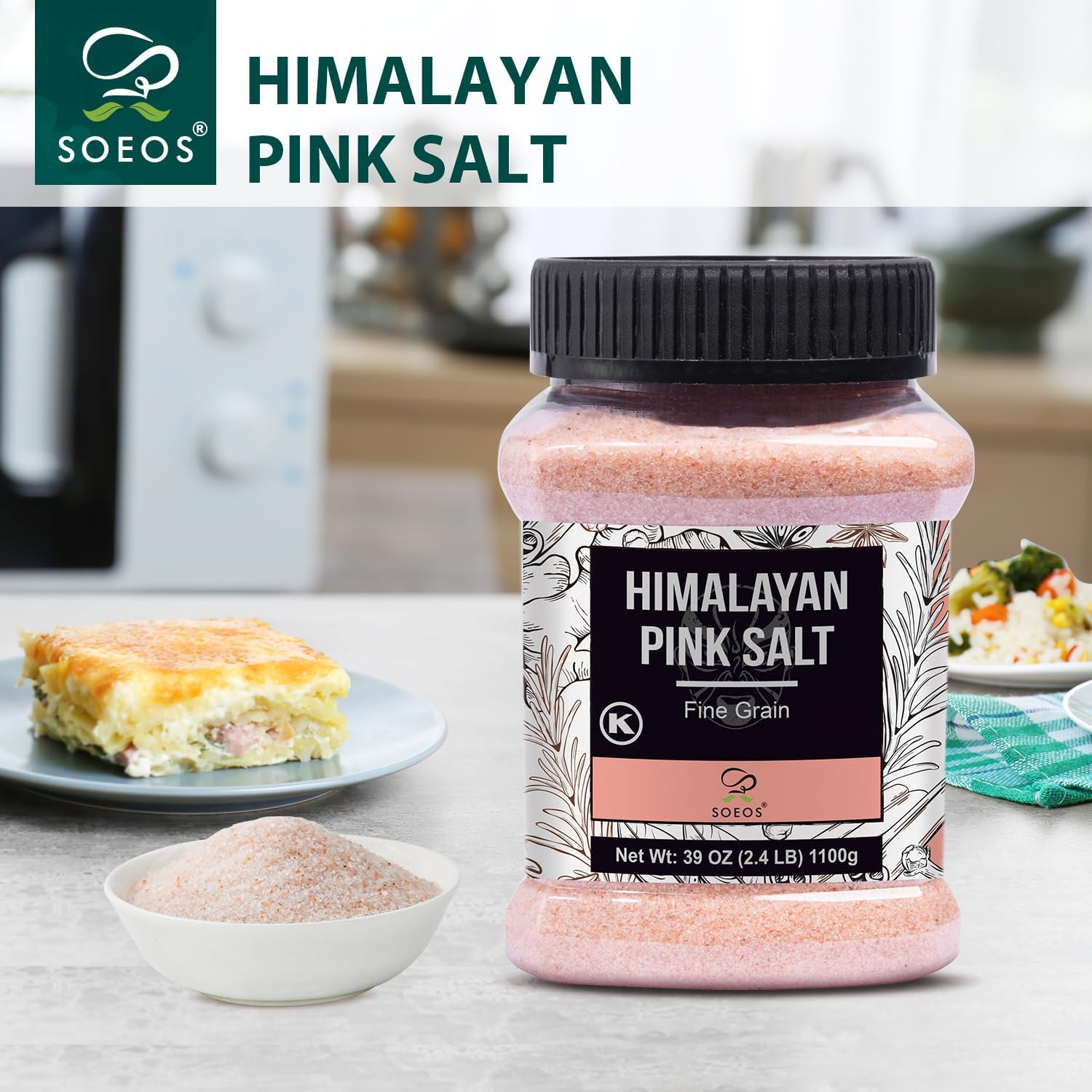 Kitchen scene with Soeos Pink Salt suggesting versatile seasoning options.