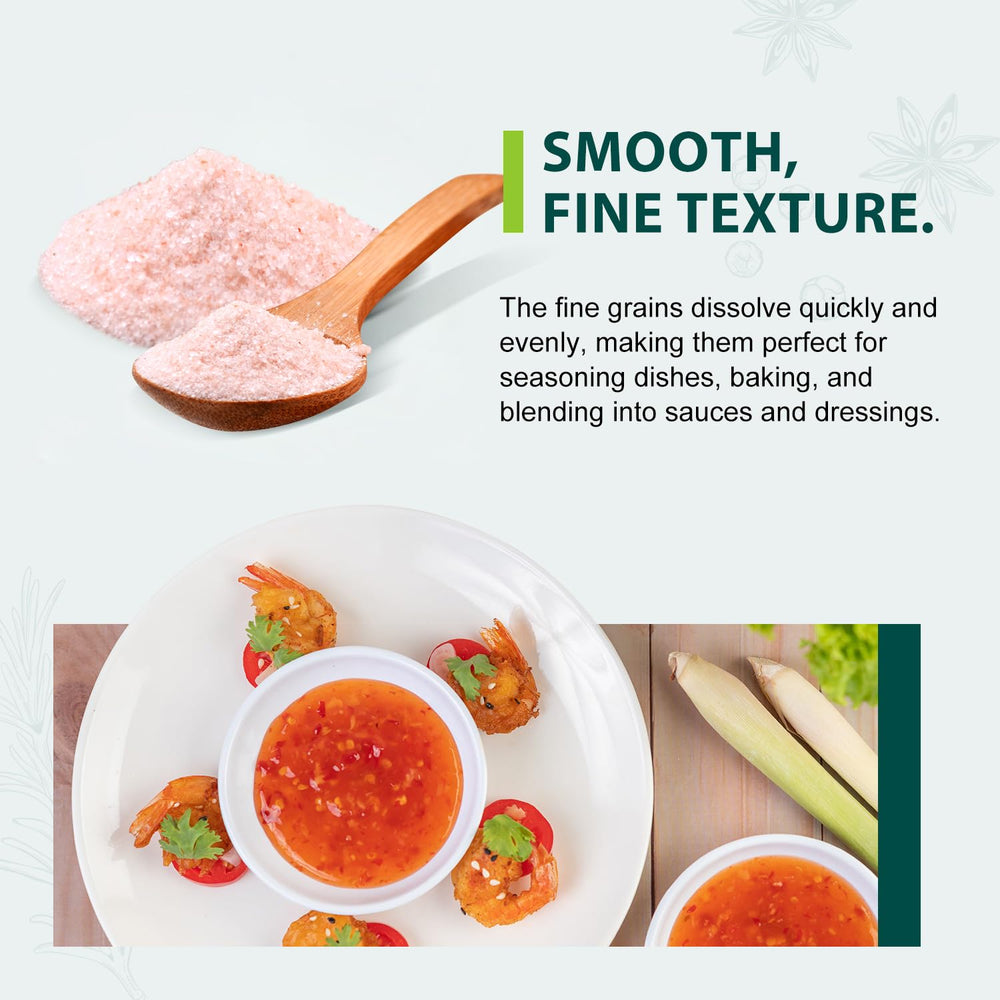 Soeos Himalayan Pink Salt finishing sprinkle brightens dishes with subtle sweetness.