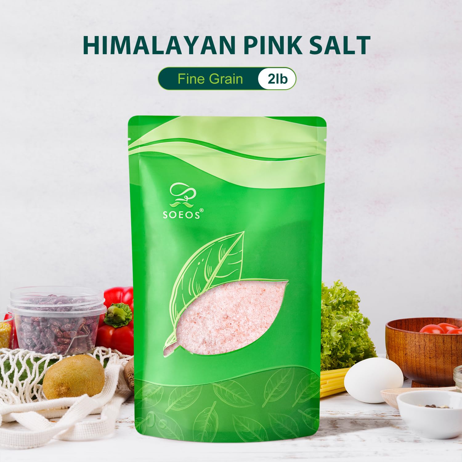 Soeos Himalayan Pink Salt in a kitchen counter scene for cooks.