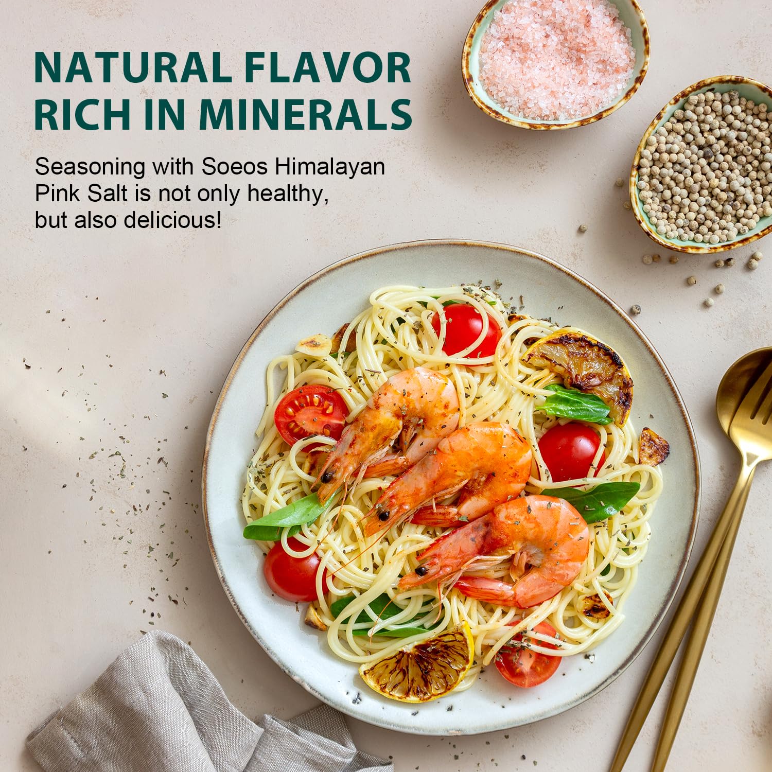 Soeos Himalayan Pink Salt kitchen packaging highlights premium quality.