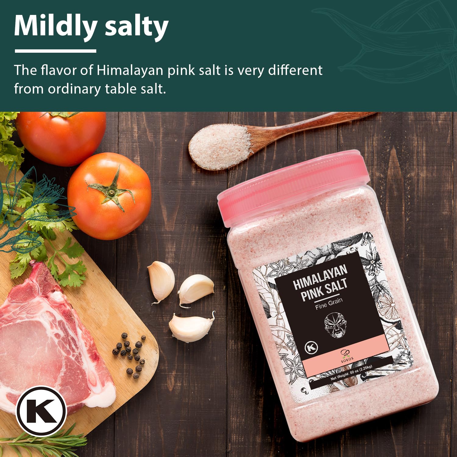Soeos Himalayan Pink Salt stainless spoon scooping crystals for seasoning.
