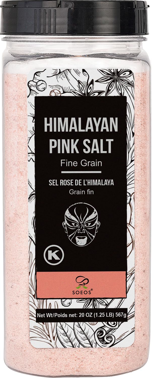 Soeos Himalayan Salt fine-grain packaging—easy to store and pour.