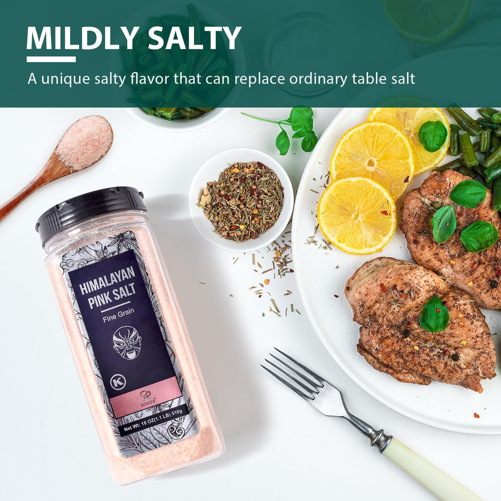 Soeos Himalayan Salt jar in kitchen—versatile cooking and flavor enhancement.