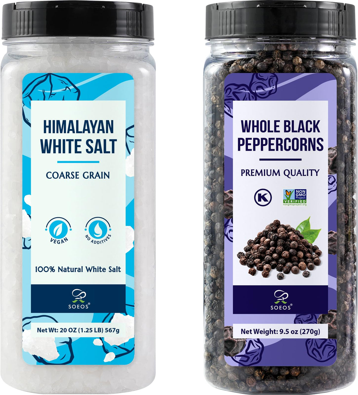 Soeos Himalayan White Salt bottle with coarse crystals for everyday seasoning.