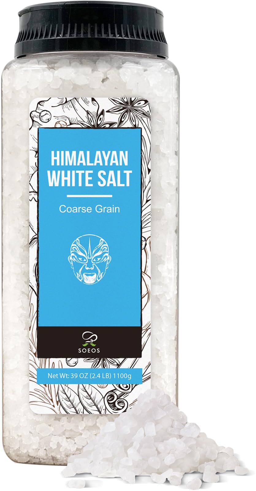 Soeos Himalayan White Salt crystals in a bottle show premium coarse texture for seasoning