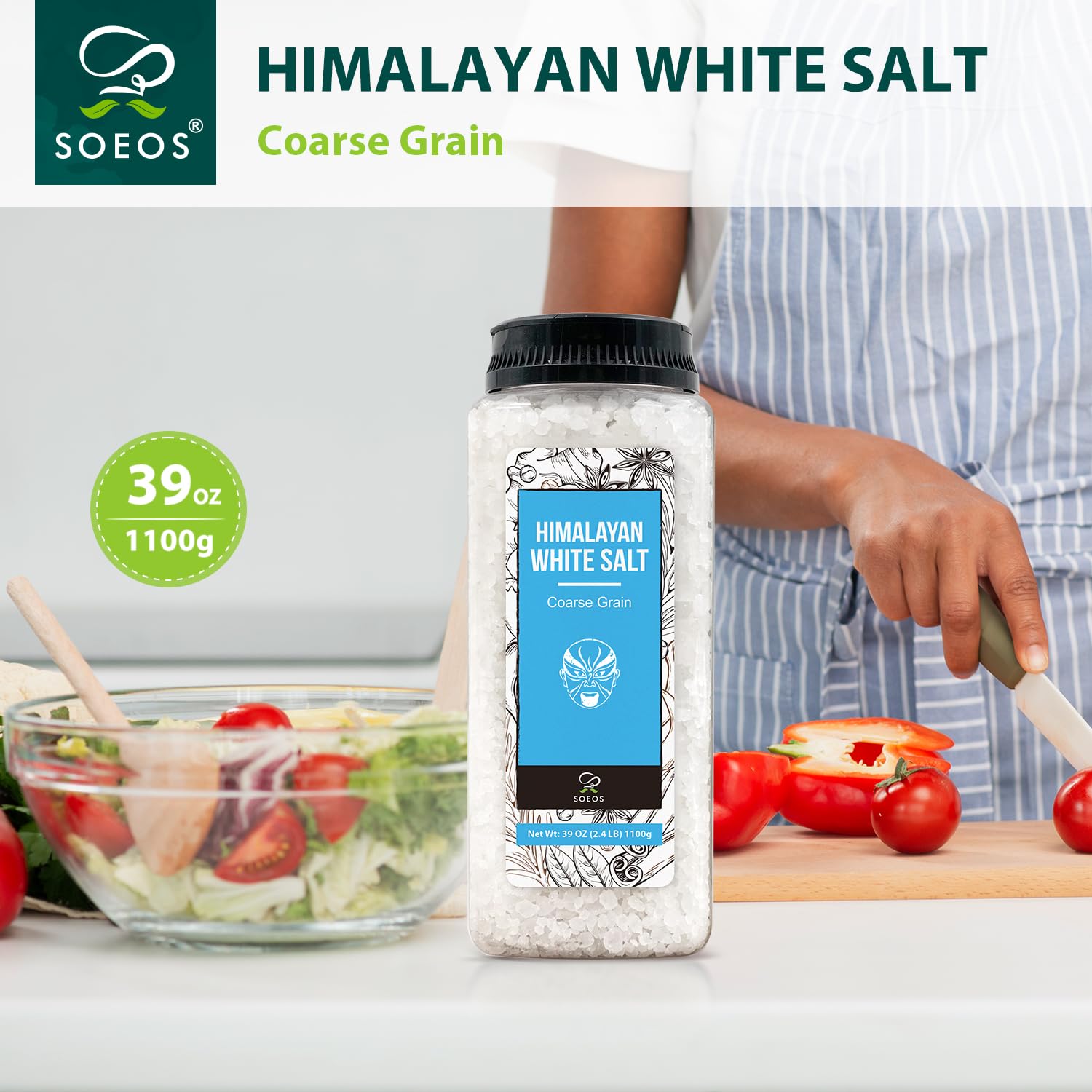 Soeos Himalayan White Salt pours onto meat for controlled seasoning and crisp exterior