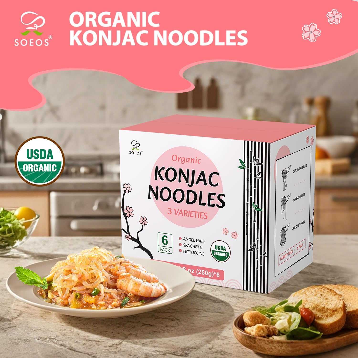 Soeos Konjac Noodles angel hair pack perfect for quick, sauce-friendly meals.