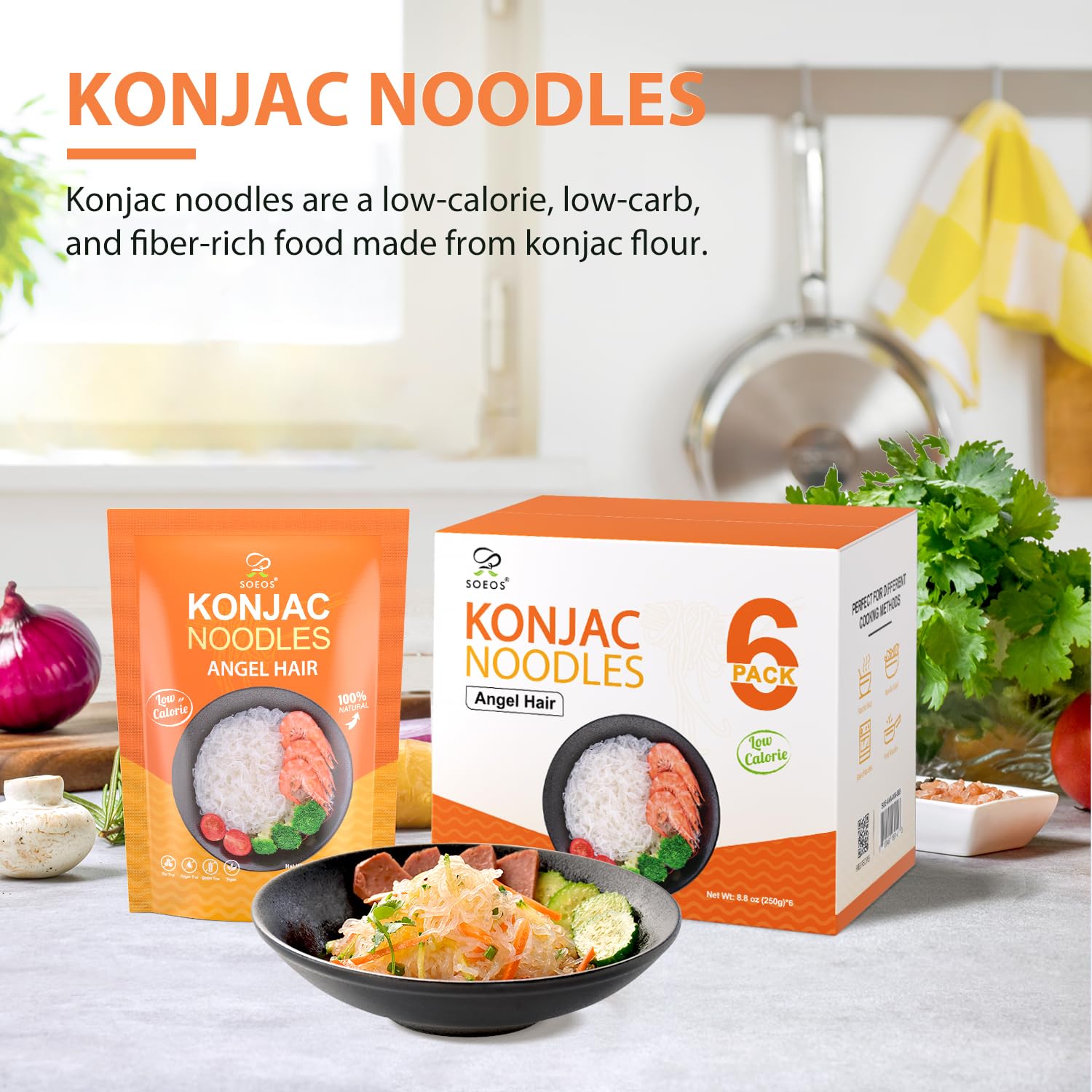 Soeos Konjac Noodles angel hair twirl demonstrates quick, ready-to-eat dinner.
