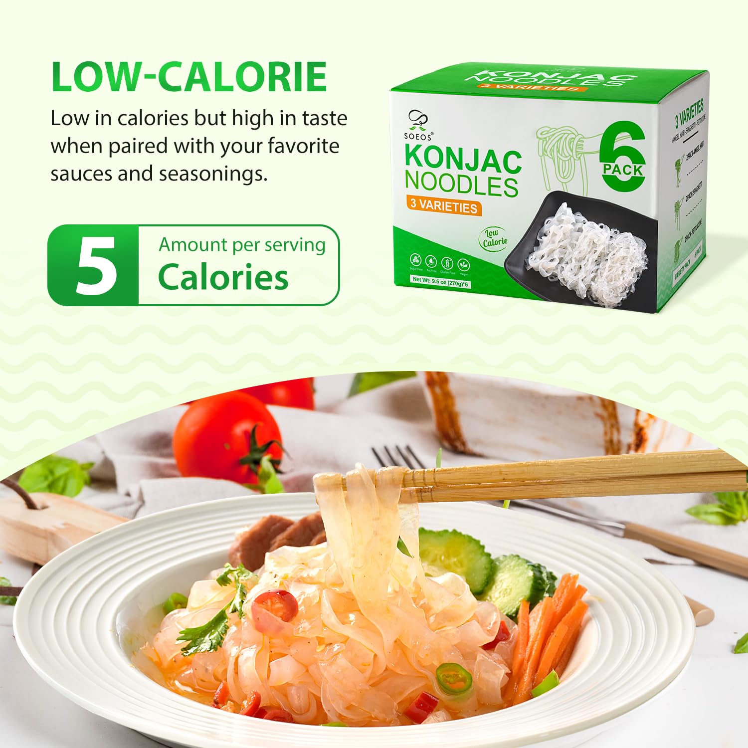 Soeos Konjac Noodles fettuccine on plate with sauce, a light fork-friendly option