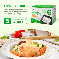 Soeos Konjac Noodles fettuccine on plate with sauce, a light fork-friendly option