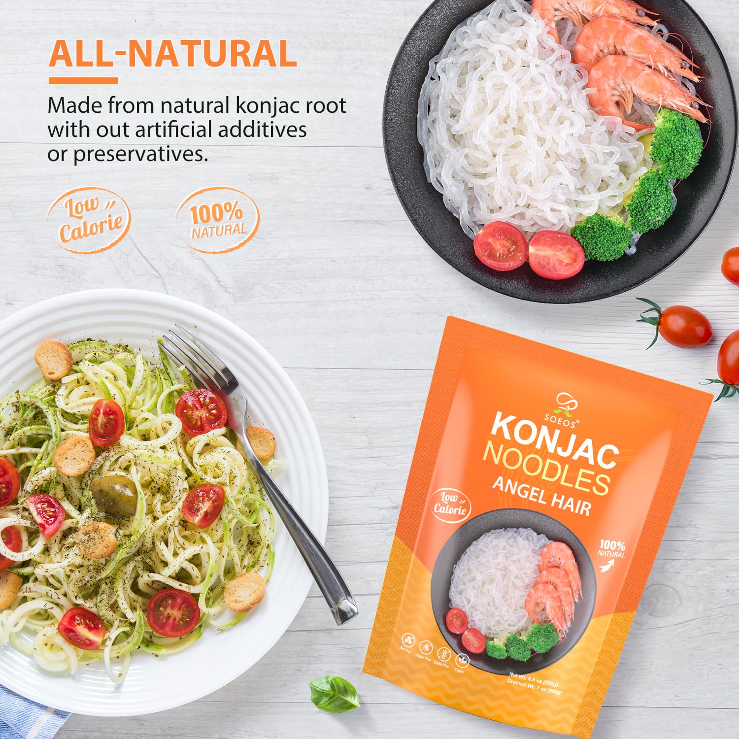 Soeos Konjac Noodles on kitchen counter suits quick weeknight meals.
