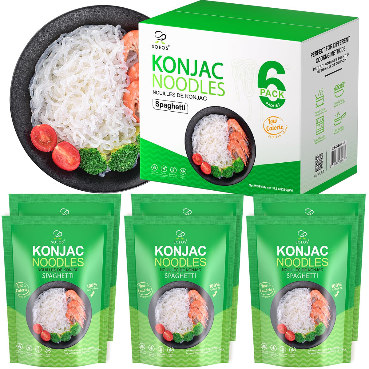 Soeos Konjac Noodles spaghetti bundle, a low-calorie pasta option for keto and paleo meals.