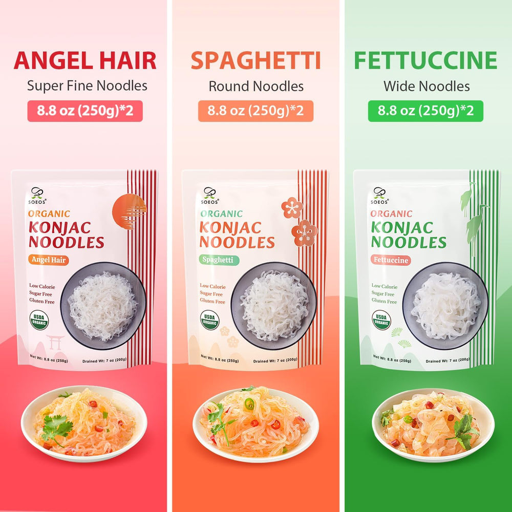 Soeos Konjac Noodles spaghetti in bowl with savory sauce absorbing flavors.