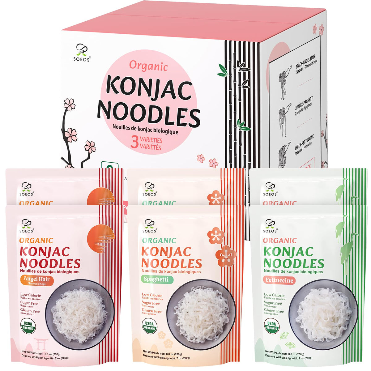 Soeos Konjac Noodles spaghetti pack ready to pair with sauces for a light meal.