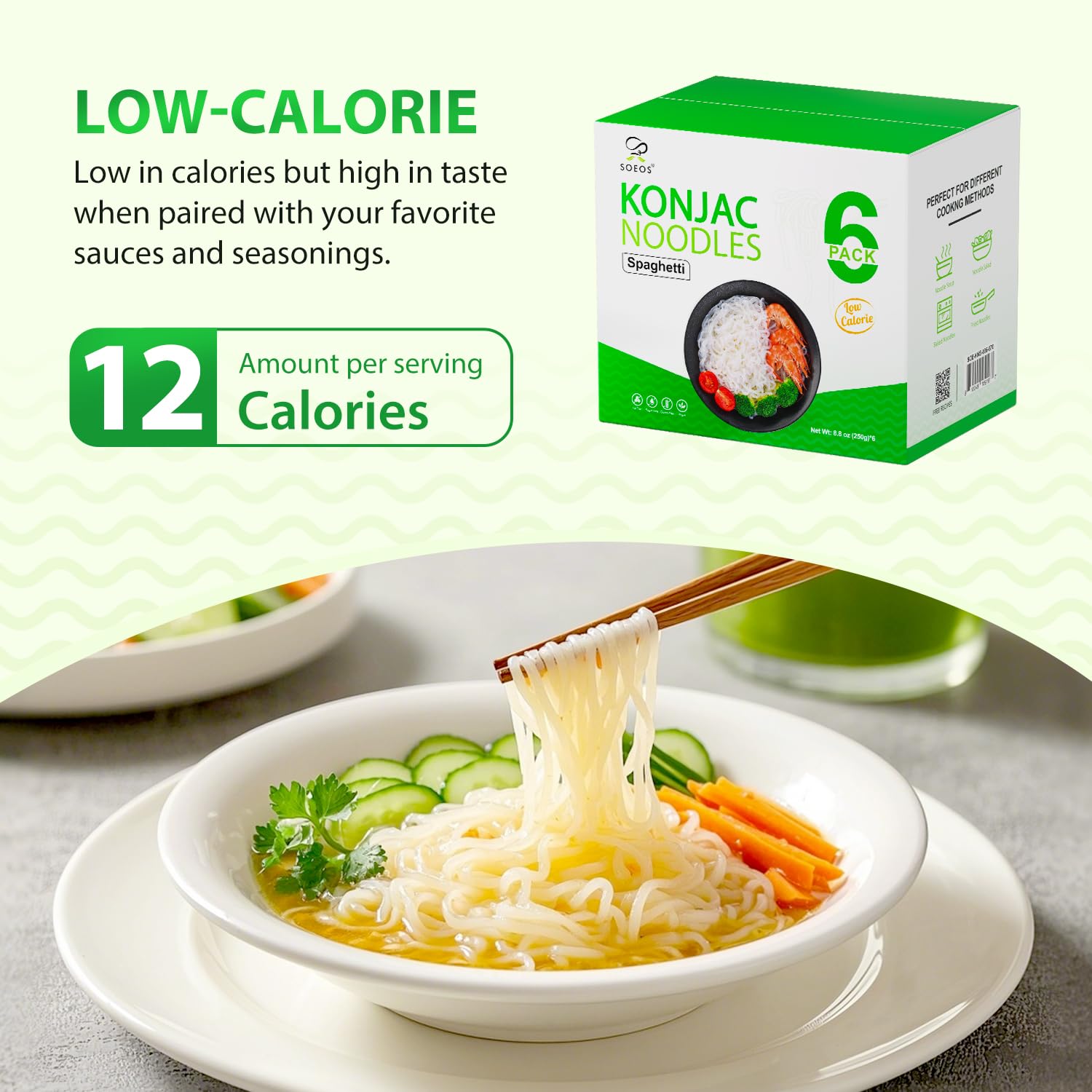 Soeos Konjac Noodles serving idea for fast, flavorful weeknight spaghetti.