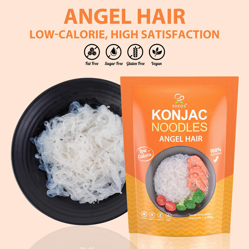 Soeos Konjac Noodles texture close-up reveals translucent, bouncy strands.