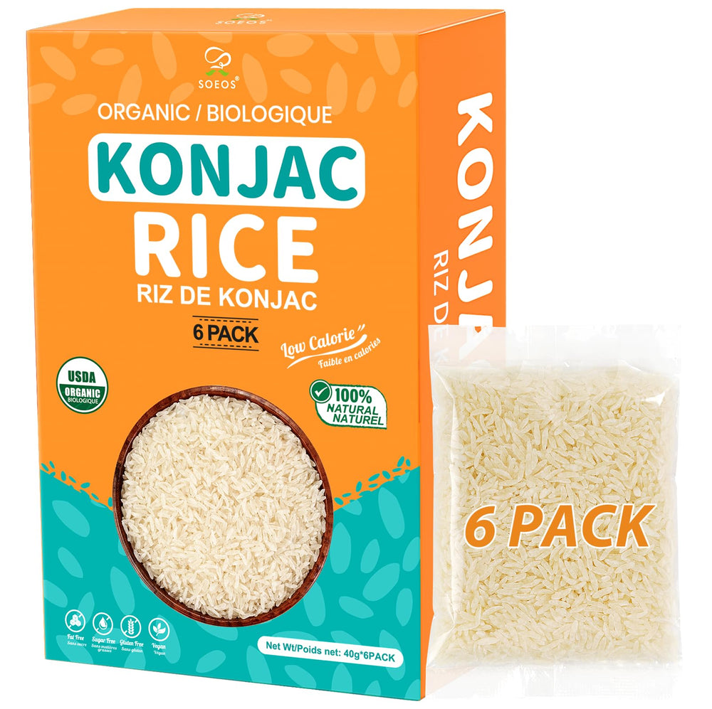 Soeos Konjac Rice 6-pack front; convenient pantry staple for quick meals.