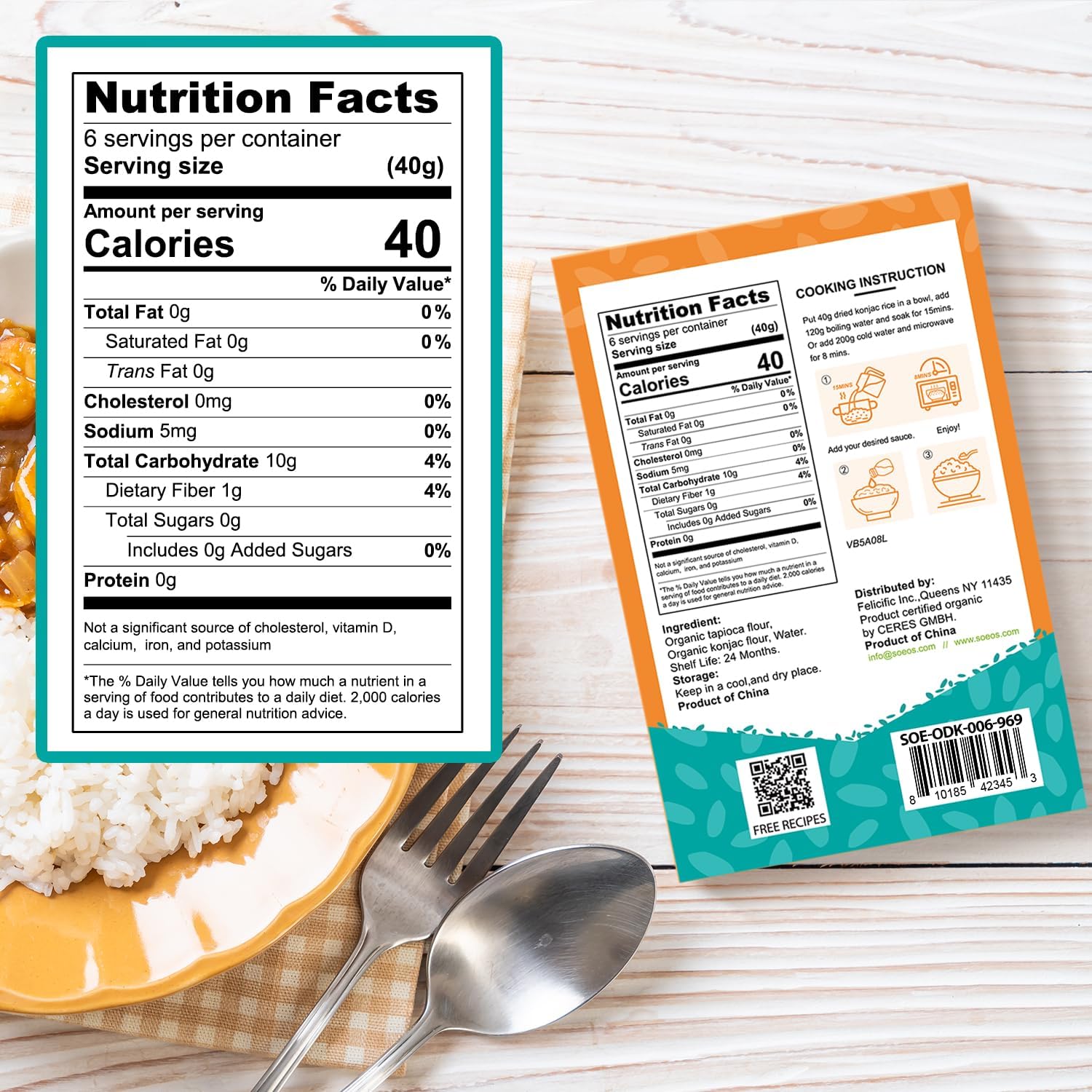 Soeos Konjac Rice 6-pack side; compact packaging for organized meal prep.