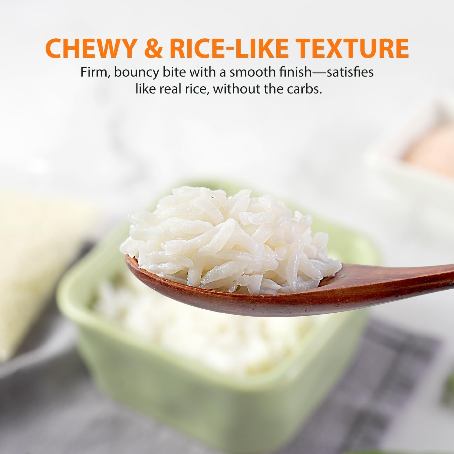 Soeos Konjac Rice cooked bowl; light, fluffy texture complements stir-fries.
