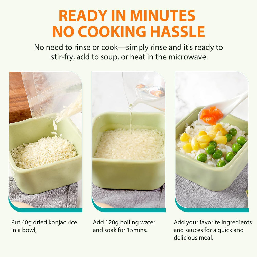 Soeos Konjac Rice in pan-fry scene; pairs with veggies and protein.