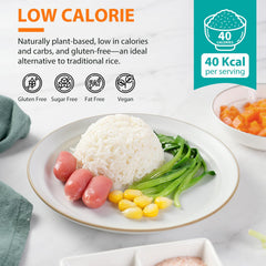 Soeos Konjac Rice pack closeup; organic konjac texture ready to absorb sauces.