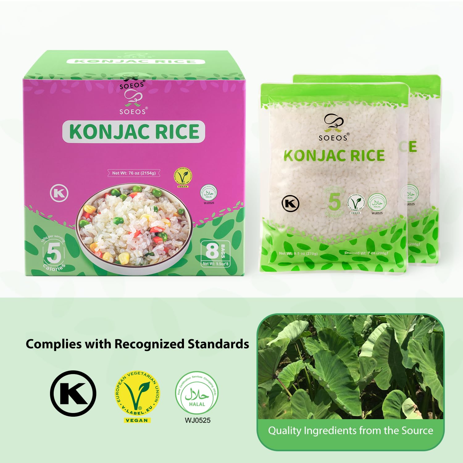 Soeos Konjac Rice stir-fry-ready pan scene, quick weeknight meal.