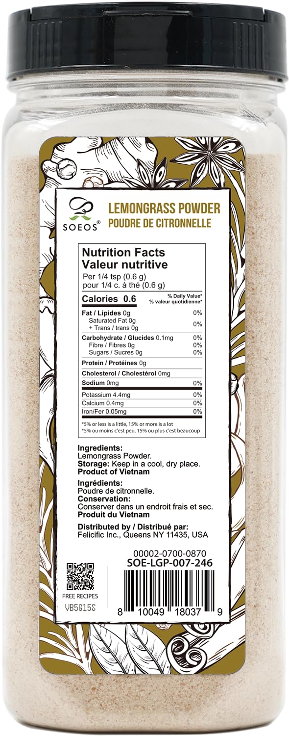Soeos lemongrass powder texture close-up, highlighting bright citrus aroma for cooking