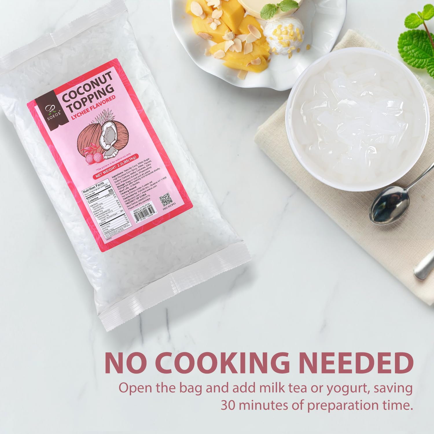 Soeos Lychee Coconut Jelly Strip over vanilla ice cream adds tropical flavor.