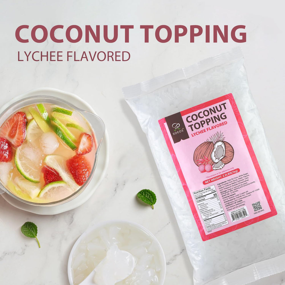 Soeos Lychee Coconut Jelly Strip texture close-up highlights soft, chewy bite.