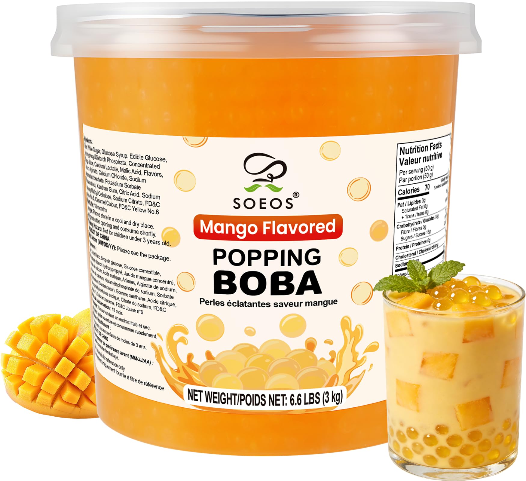 Soeos Mango Popping Boba bulk bag ready for quick bubble tea and desserts.