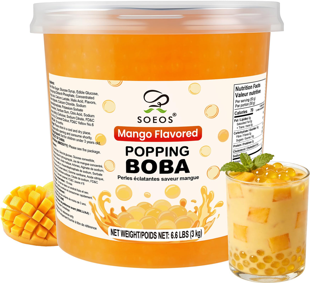 Soeos Mango Popping Boba bulk bag ready for quick bubble tea and desserts.