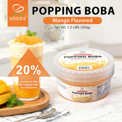 Soeos Mango Popping Boba pearls close-up showing liquid mango center.