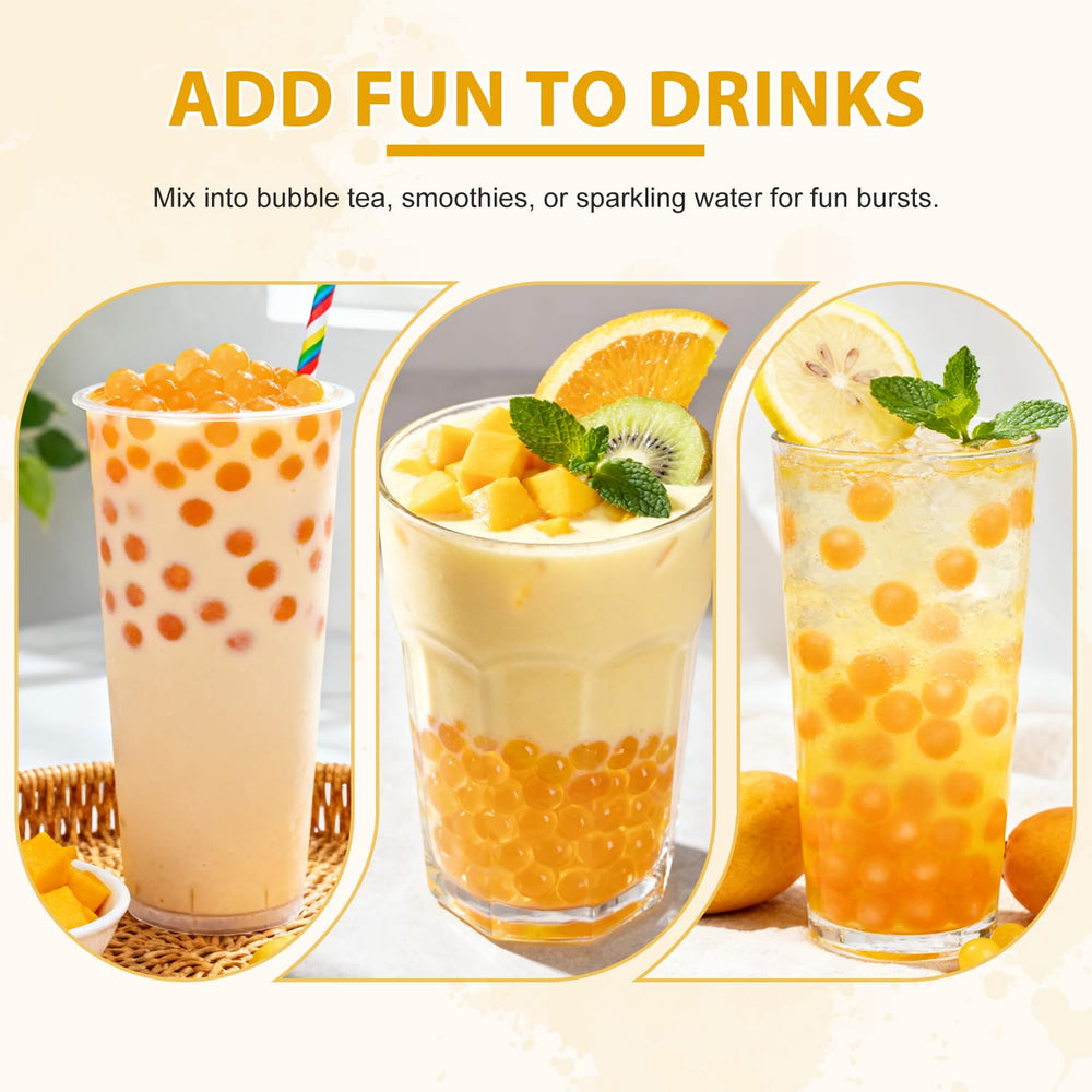 Soeos Mango Popping Boba Pearls in a cocktail glass for party drinks.