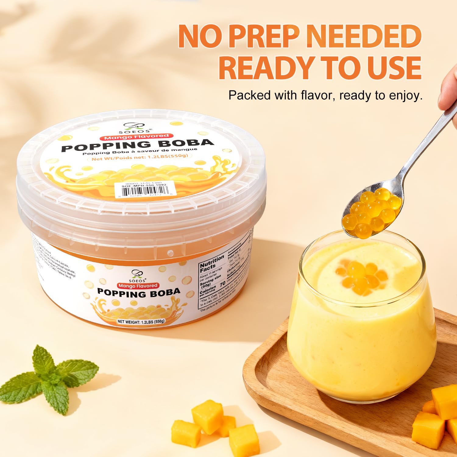 Soeos Mango Popping Boba pearls over frozen yogurt dessert.