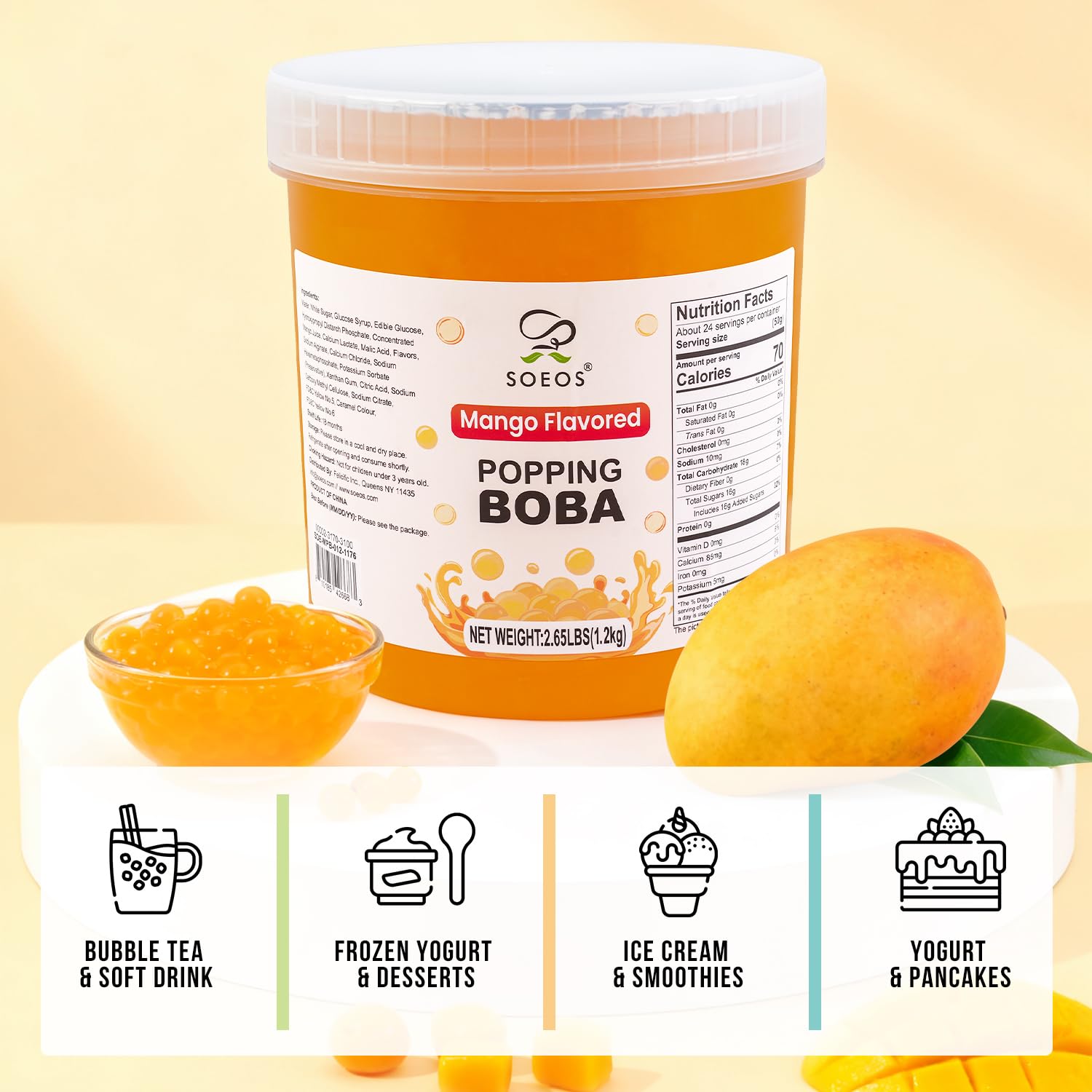 Soeos Mango Popping Boba Pearls ready to top fruit bowls and smoothies.