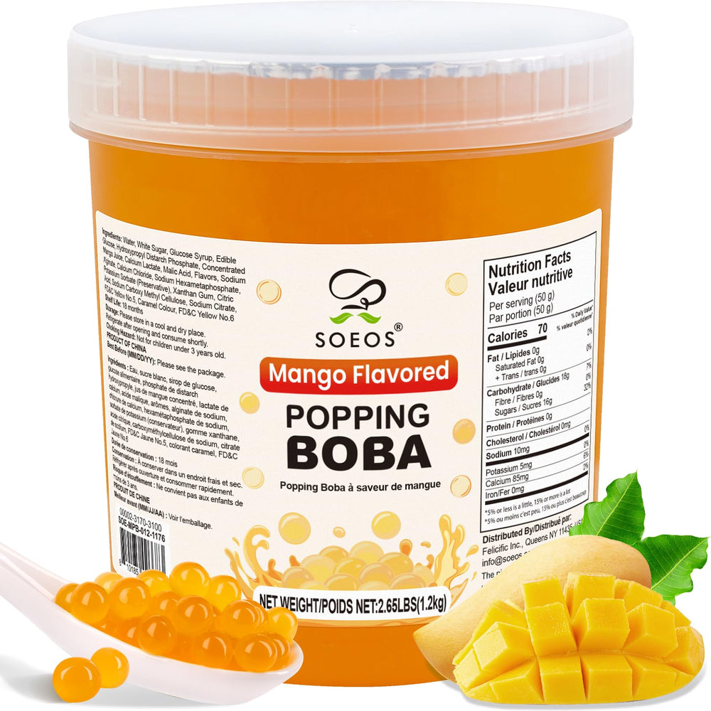 Soeos Mango Popping Boba Pearls 2.6 lb pack ready for bubble tea at home.