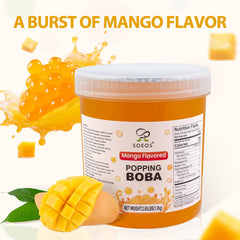 Close-up of Soeos popping pearls with juicy mango flavor burst.