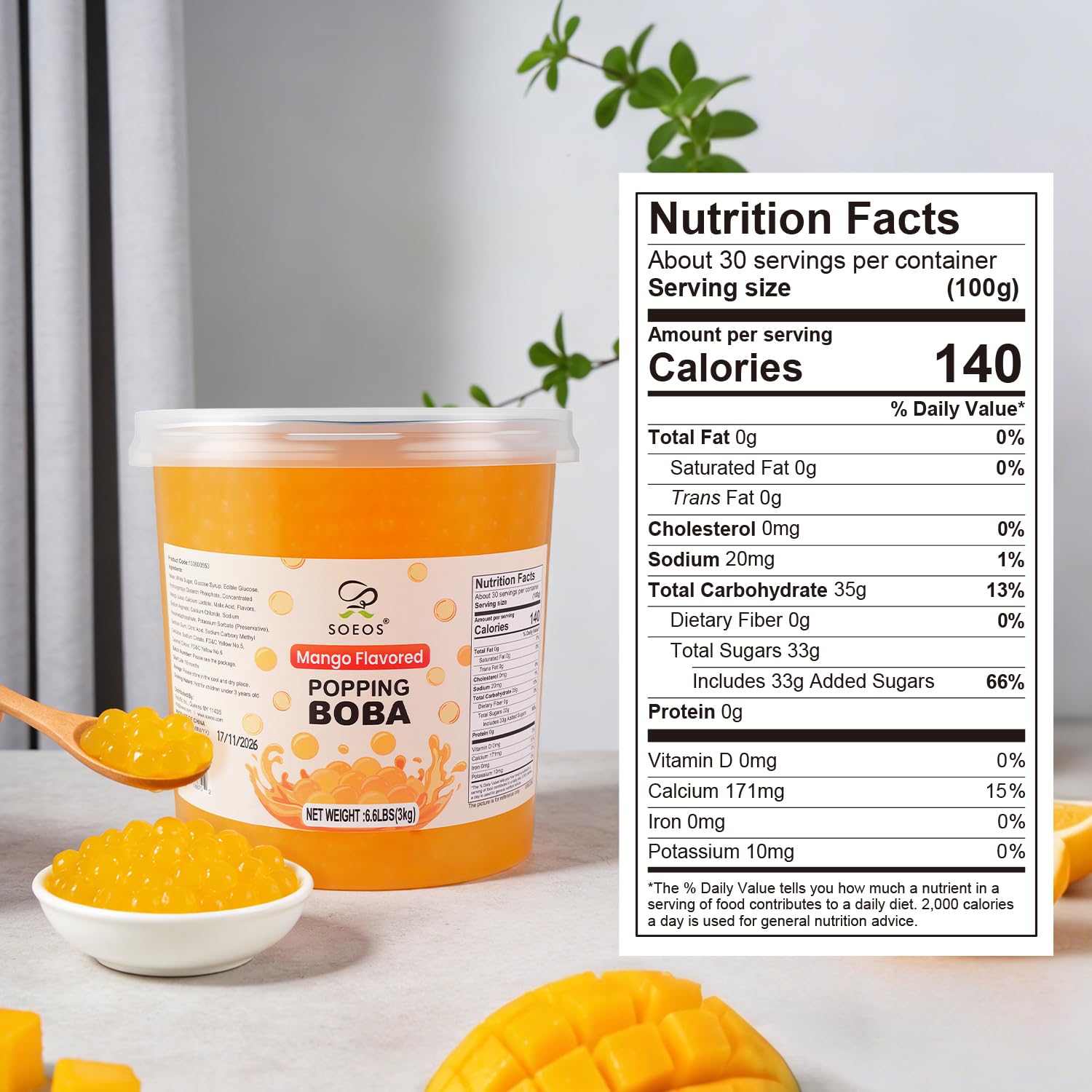 Soeos Mango Popping Boba resealable jar keeps pearls fresh between uses.