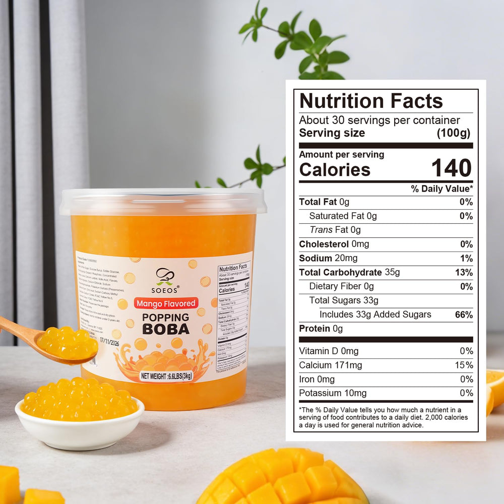 Soeos Mango Popping Boba resealable jar keeps pearls fresh between uses.