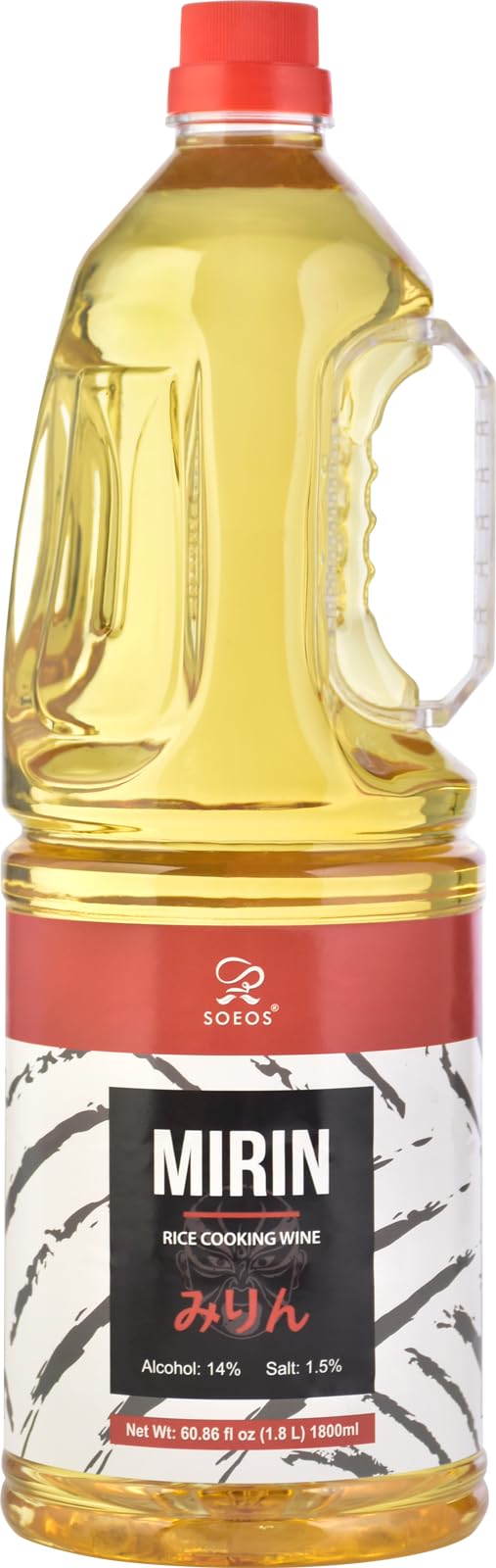 Soeos Mirin bottle pouring to create a glossy teriyaki glaze.