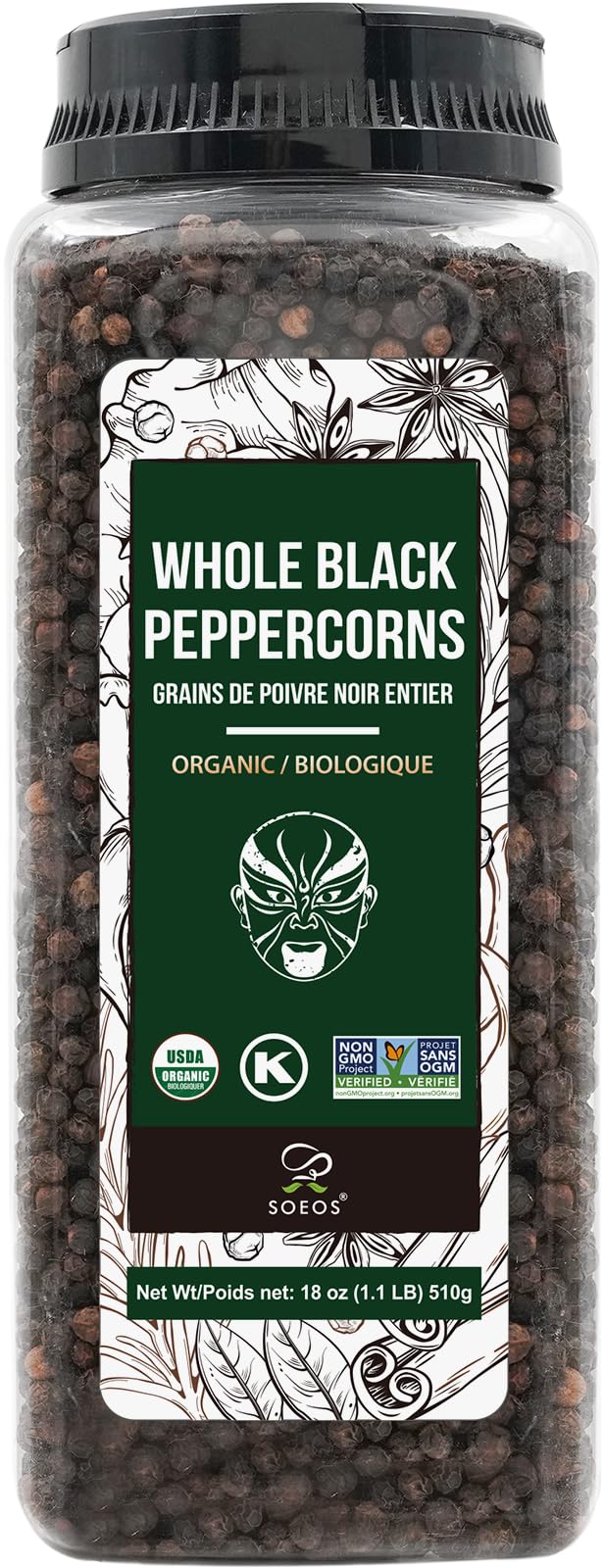 Soeos Organic Black Peppercorns 18oz packshot showcases premium whole peppercorns for freshness