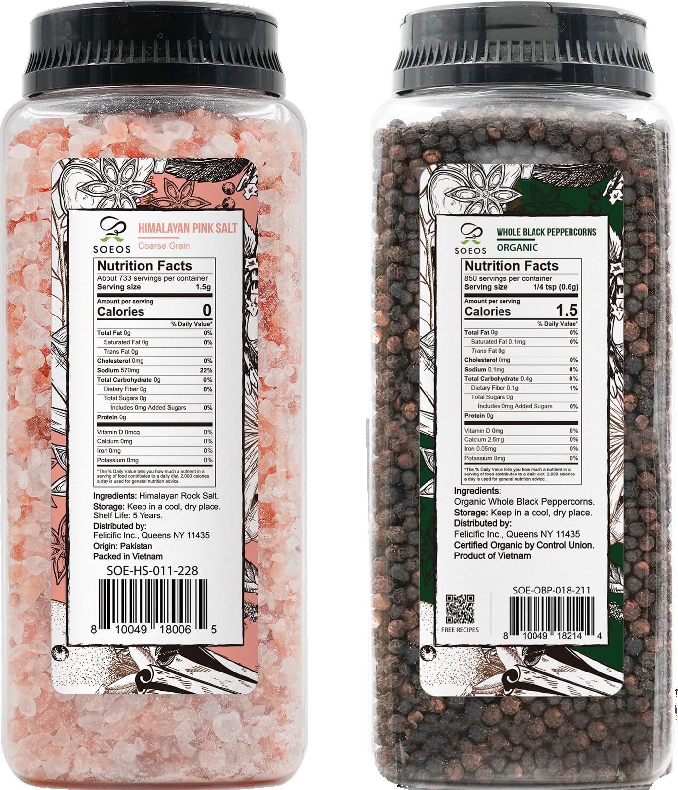 Soeos organic black peppercorns with robust, fruity aroma.