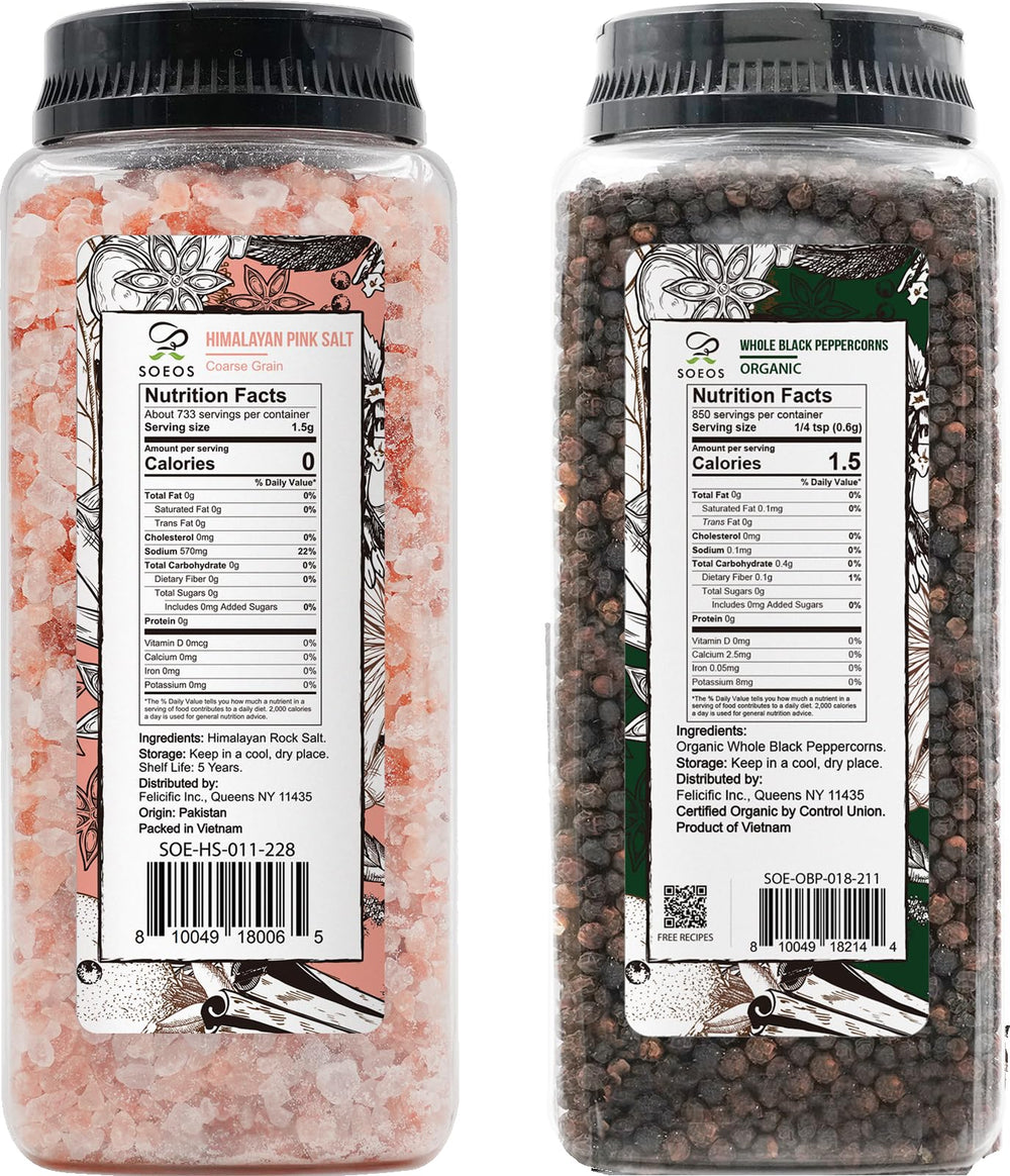 Soeos organic black peppercorns with robust, fruity aroma.