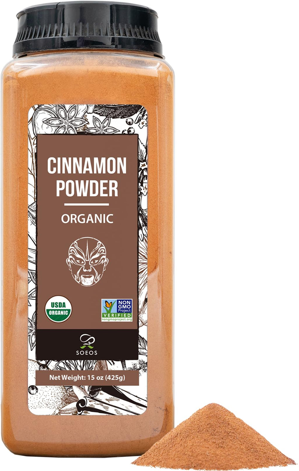 Soeos Organic Cinnamon Powder 15oz bottle highlighting premium aroma for baking and desserts.