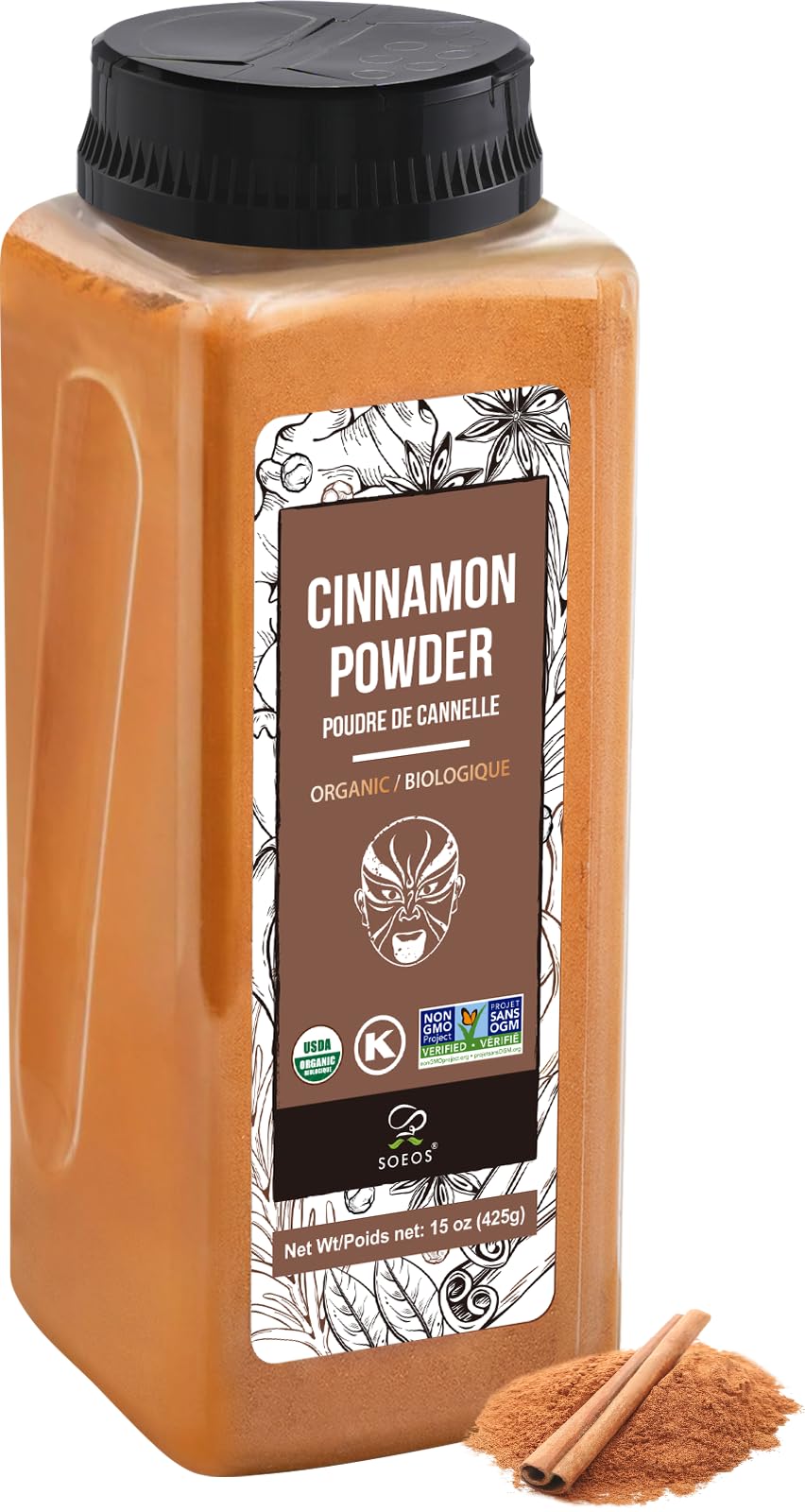 Soeos Organic Cinnamon Powder bottle highlights rich aroma for coffee and baking.