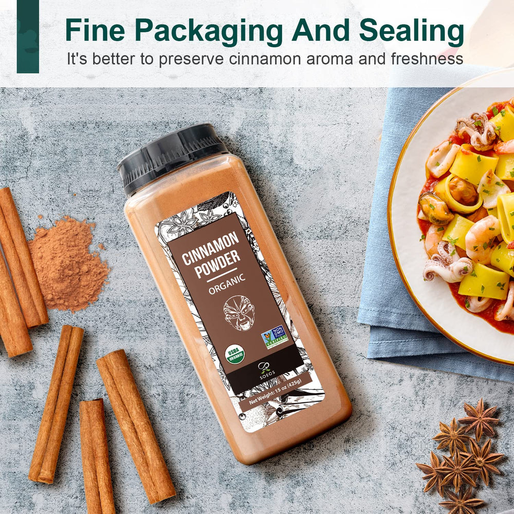 Soeos Organic Cinnamon Powder cake slice conveys inviting aroma in desserts.