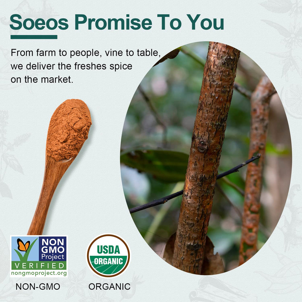 Soeos Organic Cinnamon Powder with coffee cup suggests a cozy morning ritual.