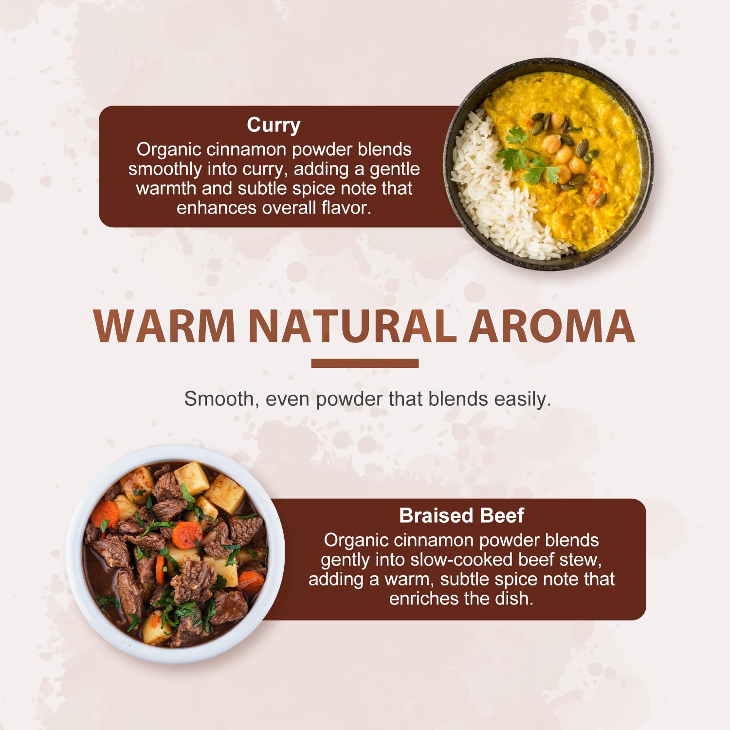 Measuring spoon with Soeos cinnamon powder for pantry-friendly cooking.