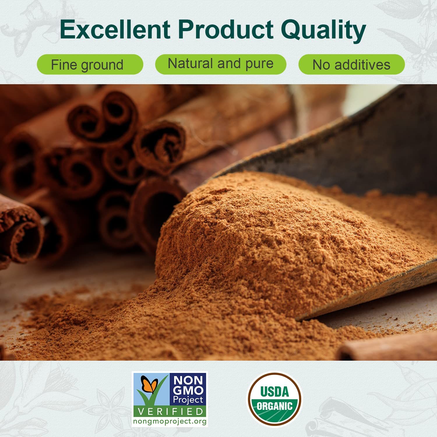 Soeos Organic Cinnamon Powder grain close-up showcases rich color and aroma.